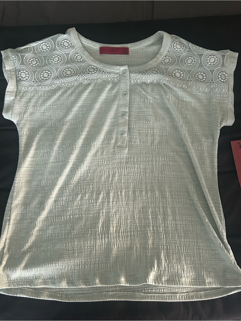 Scarlett Lace Yoke Short Sleeve Button-Front Top in Light Green